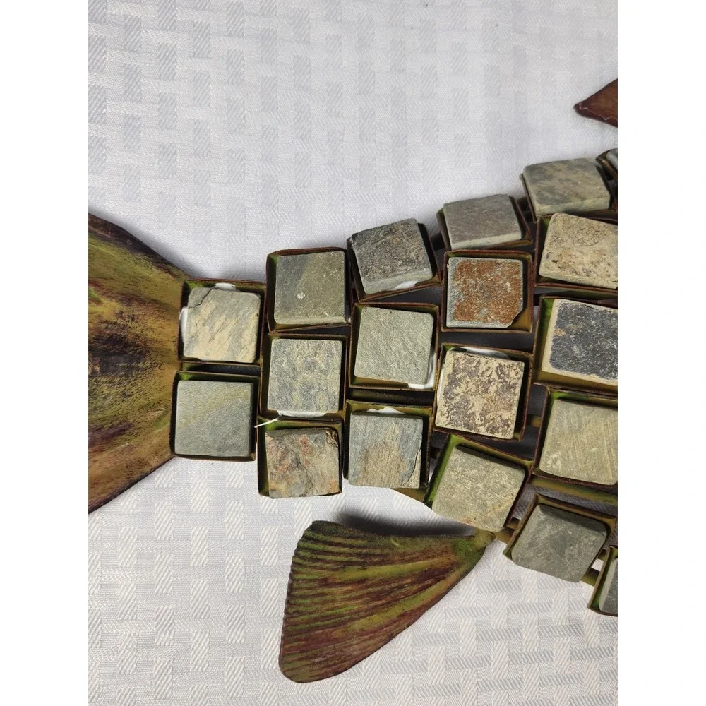 Metal Mosaic Fish Decorated with Inlaid Mosaic Stone Tiles 18x11